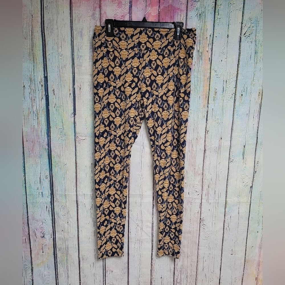 LuLaRoe Mustard Leaves on Navy Background Leggings tall and curvy